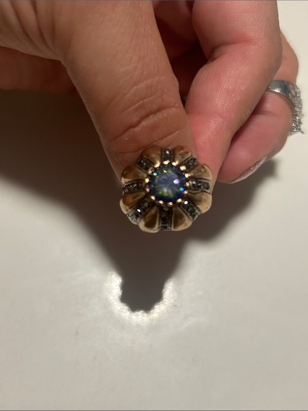 Vintage Gold-Bronze Tone Dome Ring with Blue Center Stone Adjustable